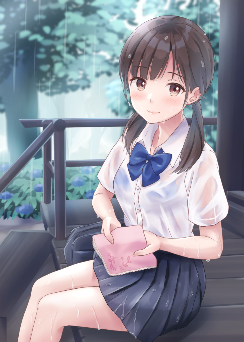 bag black_skirt blue_bow blue_bra blush bow bra bra_visible_through_clothes breasts brown_eyes brown_hair closed_mouth commentary_request day female highres holding long_hair looking_at_viewer low_twintails original outdoors pleated_skirt rain school_bag school_uniform see-through shirt short_sleeves sitting skirt small_breasts smile solo tree twintails underwear wet wet_clothes wet_hair wet_shirt wet_skirt yukimaru217