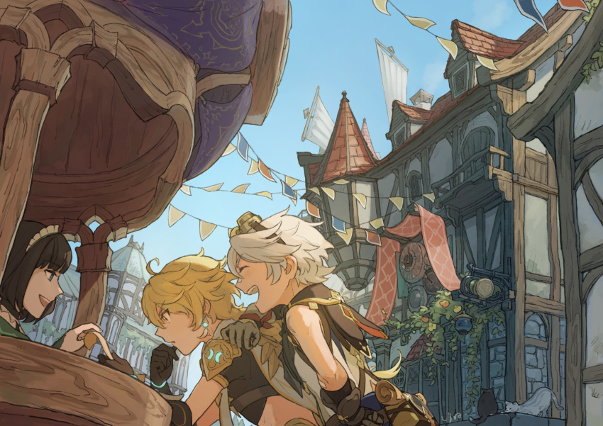 2boys aether_(genshin_impact) ahoge architecture armor backlighting bag balcony banner bare_shoulders belt bennett_(genshin_impact) black_cat blonde_hair blue_belt blue_sky braid braided_ponytail brown_cape brown_gloves brown_hair brown_shirt bush cape chimney closed_eyes commentary day dress earrings feline female flag genshin_impact gloves goggles goggles_on_head green_dress green_eyes grey_cat highres holding holding_paper in-universe_location instntmssl jewelry katheryne_(genshin_impact) leaning_forward looking_at_another maid_headdress midriff mondstadt_city multiple_boys open_mouth outdoors paper plant satchel scenery shirt short_sleeves shoulder_armor sky smile string_of_flags teeth thinking upper_body upper_teeth_only white_cape white_hair windmill window yellow_eyes