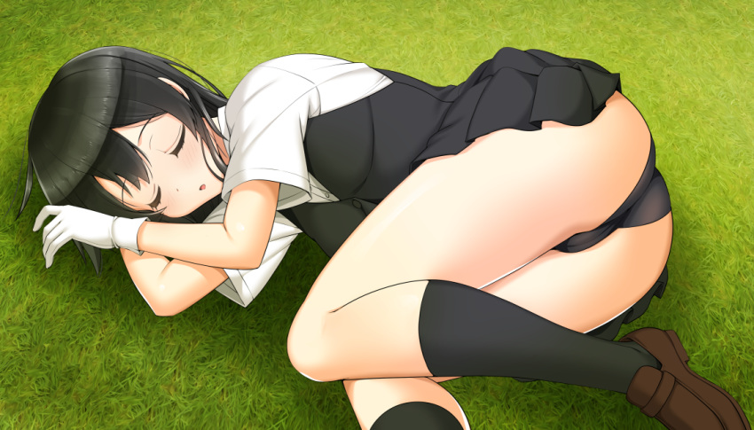 asaga_aoi ass black_hair black_panties black_skirt black_socks black_vest blush brown_footwear closed_eyes commentary_request dress_shirt female gloves grass kantai_collection kneehighs long_hair lying on_grass on_side open_mouth oyashio_(kancolle) panties pleated_skirt shadow shirt shoes short_sleeves skirt sleeping socks solo underwear vest white_gloves white_shirt