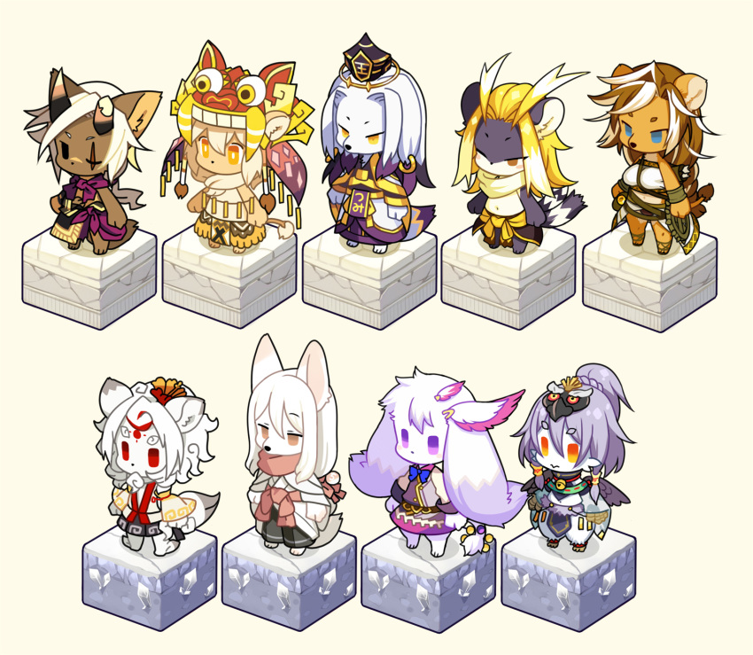 animal_ears animal_nose atalanta_(fullbokko_heroes) barong_(fullbokko_heroes) black_eyes black_fur blonde_hair blue_eyes body_fur broken_horn brown_eyes brown_fur commentary_request earrings enma_daiou_(fullbokko_heroes) freikugel_(fullbokko_heroes) fullbokko_heroes furry grey_hair highres horns inusaka_keno_(fullbokko_heroes) jewelry kinkaku_(fullbokko_heroes) kishibe lion lion_tail long_hair medium_hair one-eyed orange_eyes orange_fur purple_eyes raijuu_(fullbokko_heroes) red_eyes scar scar_across_eye scar_on_face shisa_(fullbokko_heroes) simple_background snout standing tail white_background white_fur white_hair yatagarasu_(fullbokko_heroes) yellow_eyes yellow_fur