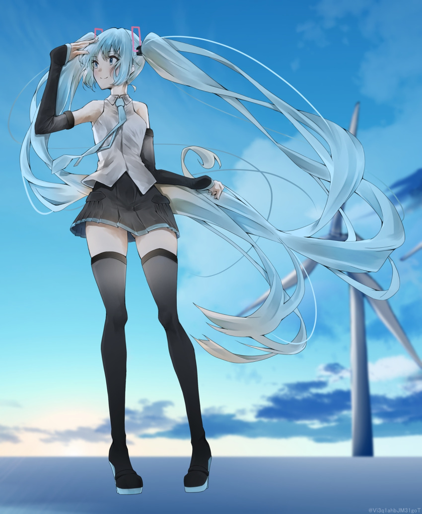 absurdly_long_hair aqua_eyes aqua_hair aqua_necktie bad_id bad_pixiv_id bare_shoulders black_skirt black_sleeves black_thighhighs blue_sky boots cloud commentary detached_sleeves female full_body hair_ornament hand_up hatsune_miku hatsune_miku_(vocaloid4) highres long_hair looking_to_the_side miniskirt necktie outdoors pleated_skirt shading_eyes shirt shirubaa skindentation skirt sky sleeveless sleeveless_shirt smile solo standing sunrise thigh_boots thighhighs twintails twitter_username v4x very_long_hair vocaloid white_shirt wind_turbine zettai_ryouiki