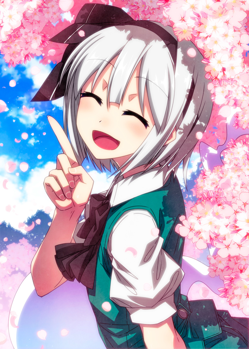 :d ^_^ black_bow black_bowtie black_hairband black_ribbon blush bow bowtie cherry_blossoms closed_eyes commentary_request day facing_viewer female green_vest hair_ribbon hairband happy highres hitodama index_finger_raised konpaku_youmu konpaku_youmu_(ghost) open_mouth outdoors petals puffy_short_sleeves puffy_sleeves ribbon sazanami_mio shirt short_hair short_sleeves smile solo touhou upper_body vest white_hair white_shirt