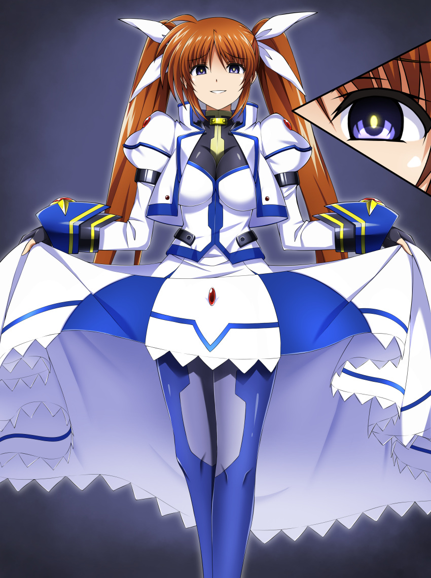 absurdres black_gloves bodysuit breasts brown_hair commission corruption dark_persona eyebrows_hidden_by_hair female fingerless_gloves gloves grin hair_ribbon highres large_breasts lifting_own_clothes long_hair long_sleeves looking_at_viewer lyrical_nanoha mahou_shoujo_lyrical_nanoha_strikers mind_control numbers'_uniform oshimaru026 pixiv_commission puffy_sleeves purple_eyes ribbon smile solo takamachi_nanoha takamachi_nanoha_(exceed_mode) twintails