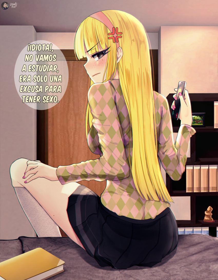 absurdres bad_id bad_pixiv_id bed black_skirt blonde_hair blush book brad_buttowski brown_eyes closed_mouth commentary dawapat door female grey_socks hairband hand_up highres holding indoors kendall_perkins kick_buttowski kneehighs long_hair md5_mismatch mole mole_under_eye nail_polish pink_hairband pink_nails plaid plaid_sweater pleated_skirt resolution_mismatch shelf sitting skirt socks solo source_smaller spanish_commentary spanish_text speech_bubble sweater translated