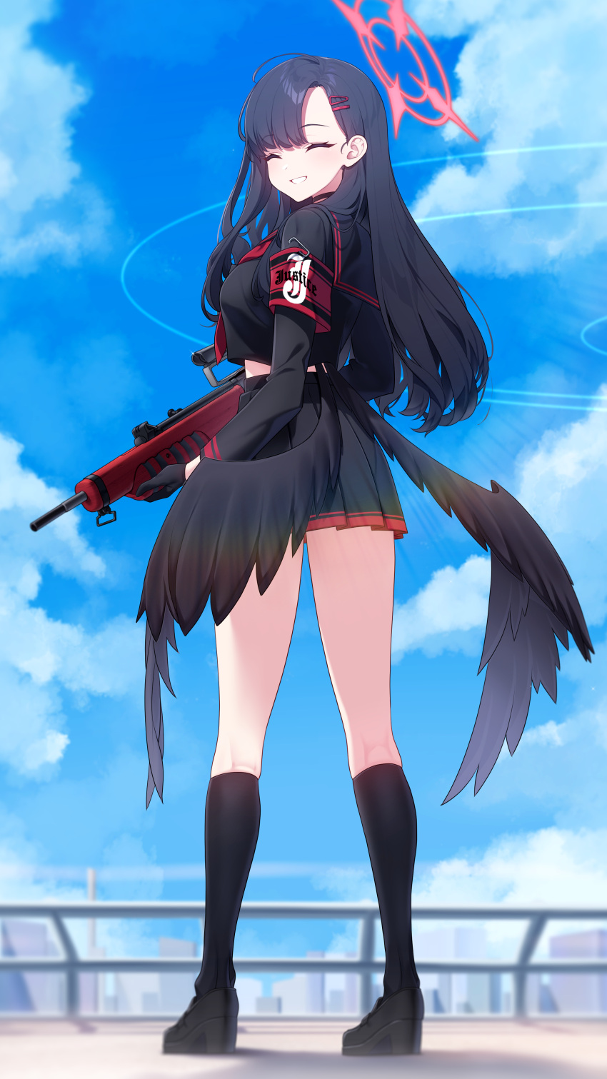 absurdres armband black_choker black_footwear black_gloves black_hair black_serafuku black_skirt black_socks black_wings blue_archive choker facing_viewer feathered_wings female full_body gloves grin gun halo highres holding holding_gun holding_weapon ichika_(blue_archive) long_hair long_sleeves low_wings narynn pleated_skirt red_halo safety_pin school_uniform serafuku shoes skirt smile socks solo weapon wings