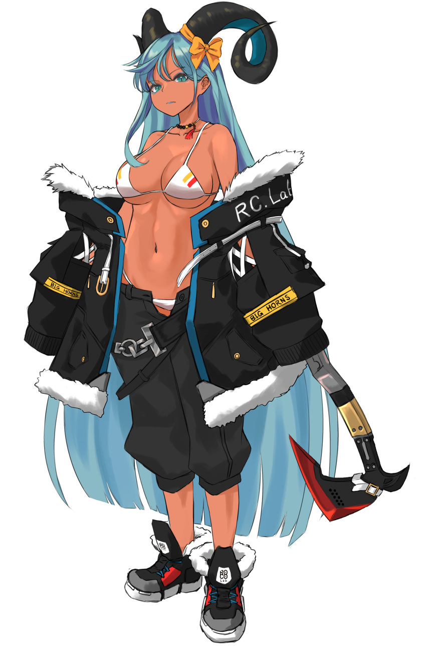 absurd_res animal_humanoid axe biped blue_eyes blue_hair bovid bovid_humanoid breasts caprine caprine_humanoid clothing female hair hi_res holding_object holding_weapon humanoid long_hair mammal mammal_humanoid melee_weapon panties rocoroco1115 solo underwear weapon