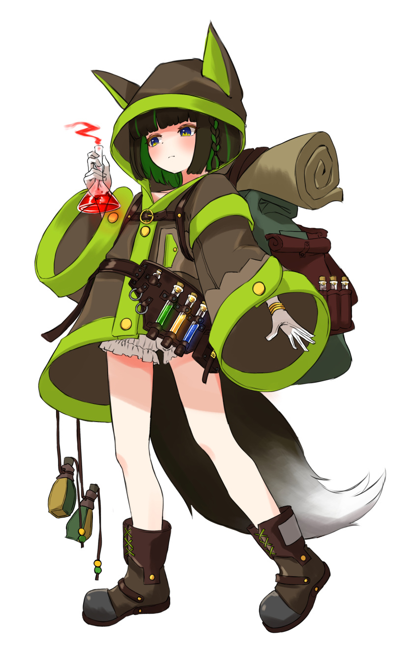 absurd_res animal_humanoid black_hair canid canid_humanoid canine canine_humanoid clothing female flask green_hair hair hi_res hoodie humanoid mammal mammal_humanoid potion rocoroco1115 simple_background solo topwear white_background young