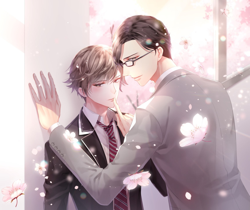 2boys araragi_soushi black_hair blazer brown_eyes brown_hair day finger_to_mouth flower formal glasses grey_suit highres index_finger_raised indoors jacket kabedon male_focus multiple_boys necktie official_art red_necktie striped striped_necktie suit sunlight upper_body window yaoi