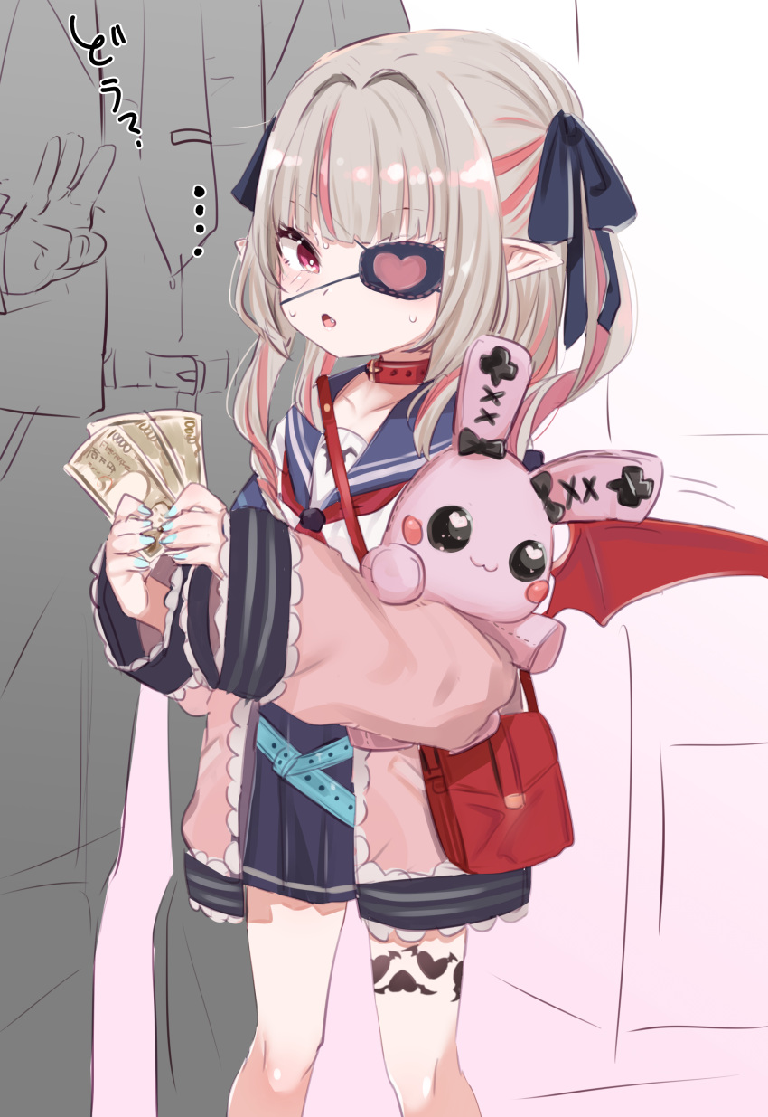 absurdres bag banknote belt_collar black_bow blue_nails blue_sailor_collar blue_skirt blush bow collar commentary_request eyepatch female fingernails hairbow heart heart_eyepatch highres holding holding_money jacket looking_at_viewer makaino_ririmu makaino_ririmu_(4th_costume) miniskirt money nail_polish neckerchief nijisanji open_clothes open_jacket parted_lips pink_jacket pointy_ears red_eyes red_neckerchief sailor_collar school_uniform serafuku shirt shoulder_bag skirt solo_focus utsusumi_kio virtual_youtuber white_shirt wide-eyed wings