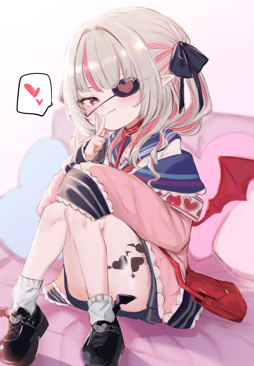 absurdres belt_collar black_bow black_footwear blue_sailor_collar blush bow closed_mouth collar eyepatch female grey_hair hairbow heart heart_eyepatch highres jacket knees_together_feet_apart long_sleeves looking_at_viewer makaino_ririmu makaino_ririmu_(4th_costume) multicolored_hair neckerchief nijisanji pink_jacket pointy_ears red_eyes red_neckerchief sailor_collar school_uniform serafuku shirt shoes sitting smile socks solo streaked_hair utsusumi_kio virtual_youtuber w white_shirt white_socks