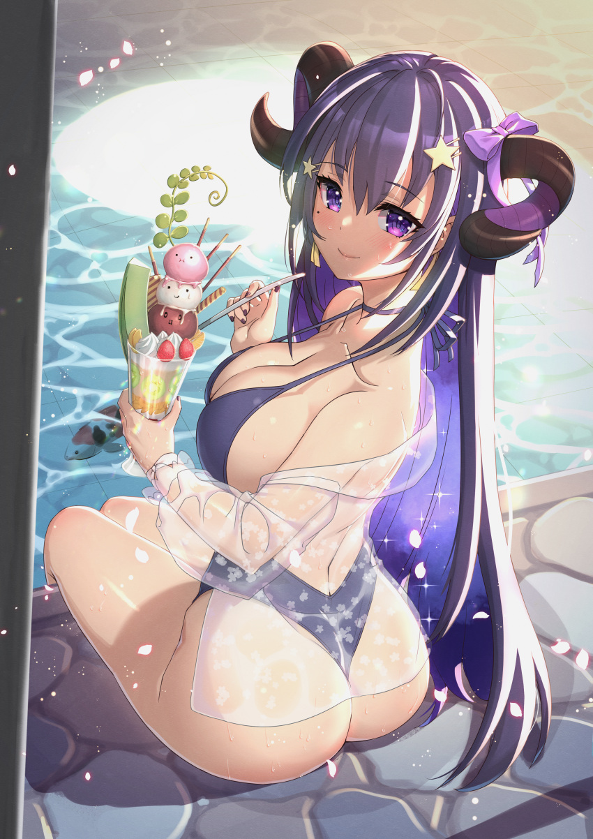 absurdres ass back breasts cleavage closed_mouth collarbone commentary_request cup female food fruit hair_between_eyes hair_ornament highres holding holding_cup holding_spoon honeydew_(fruit) horns ice_cream ichihachiyon indie_virtual_youtuber large_breasts long_hair looking_at_viewer mole mole_under_eye one-piece_swimsuit parfait pool poolside purple_eyes purple_hair purple_one-piece_swimsuit rizel_(vtuber) see-through see-through_shirt shirt sitting smile solo spoon star_(symbol) star_hair_ornament stone_floor strawberry swimsuit swimsuit_cover-up thighs twisted_torso virtual_youtuber