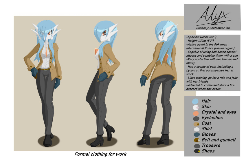 2023 3_fingers absurd_res alyx_(cobra0281) blue_hair boots character_name clothing coat cobra0281 color_swatch detective english_text female fingers footwear front_view gardevoir generation_3_pokemon gloves hair hair_over_eye handwear hi_res high_heeled_boots high_heels humanoid looking_at_viewer model_sheet nintendo not_furry one_eye_obstructed orange_eyes pokemon pokemon_(species) rear_view shiny_pokemon side_view signature solo text topwear trenchcoat