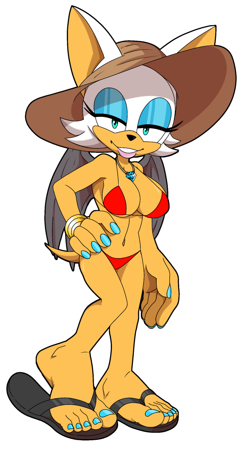 5_toes absurd_res bat bikini blue_nails blue_toenails clothing colored_nails colored_toenails feet female flip_flops foot_ninja15 footwear hi_res humanoid mammal nails rouge_the_bat sandals sega solo sonic_the_hedgehog_(series) swimwear toenails toes