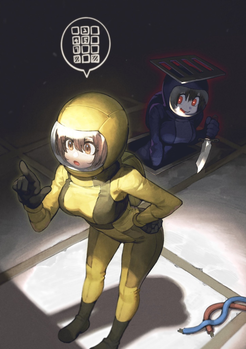 2girls :o among_us backpack bag black_gloves boots breasts brown_eyes brown_hair cable commentary crewmate_(among_us) english_commentary evil_smile gloves grate hair_between_eyes hand_on_own_hip hand_up helmet highres holding holding_knife impostor_(among_us) jun_(navigavi) knife large_breasts leaning_forward looking_at_another multiple_girls open_mouth original red_eyes short_hair smile space_helmet spacesuit speech_bubble standing tile_floor tiles vent_(object) weapon yellow_(among_us)