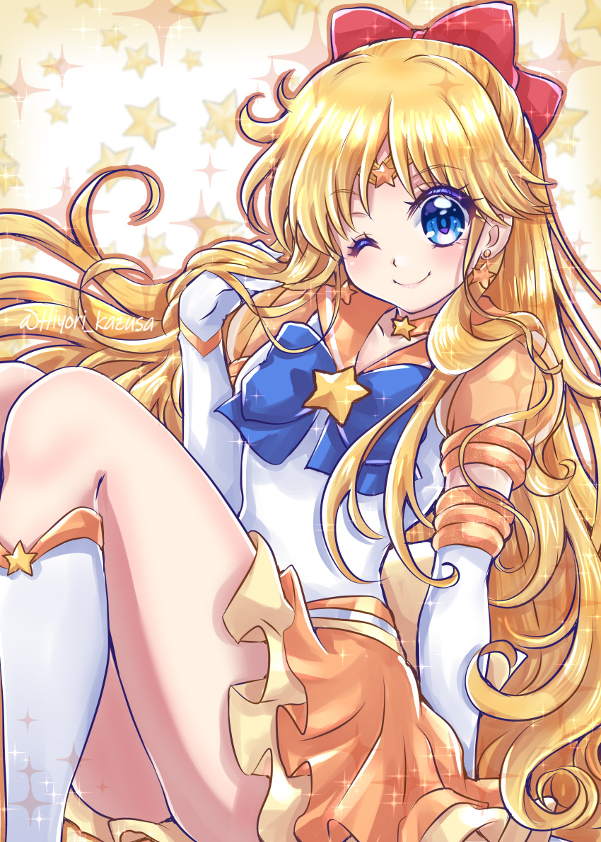 ;) absurdres aino_minako back_bow bishoujo_senshi_sailor_moon bishoujo_senshi_sailor_moon_stars blonde_hair blue_bow blue_eyes boots bow brooch choker circlet closed_mouth earrings elbow_gloves female gloves hairbow highres jewelry kazusa_hiyori knee_boots layered_skirt long_hair looking_at_viewer magical_girl one_eye_closed orange_bow orange_choker orange_sailor_collar orange_skirt orange_theme puffy_sleeves red_bow sailor_collar sailor_senshi_uniform sailor_venus see-through skirt smile solo sparkle star_(symbol) star_brooch star_choker star_earrings starry_background super_sailor_venus_(stars) twitter_username white_footwear white_gloves yellow_background yellow_skirt