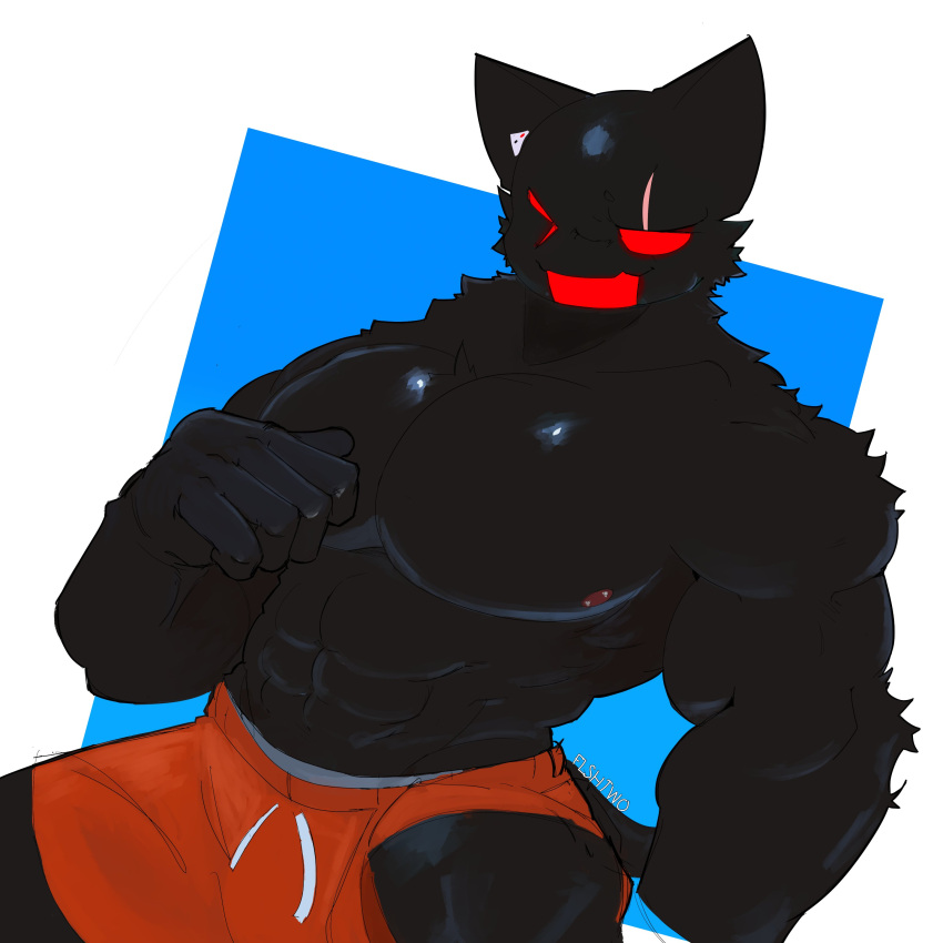 1:1 abs absurd_res anthro black_body black_fur bottomwear clothing epic_games flshtwo fortnite fur hi_res male meowscles meowscles_(shadow) muscular muscular_male nipples one_eye_closed pecs red_eyes scar shorts solo wink