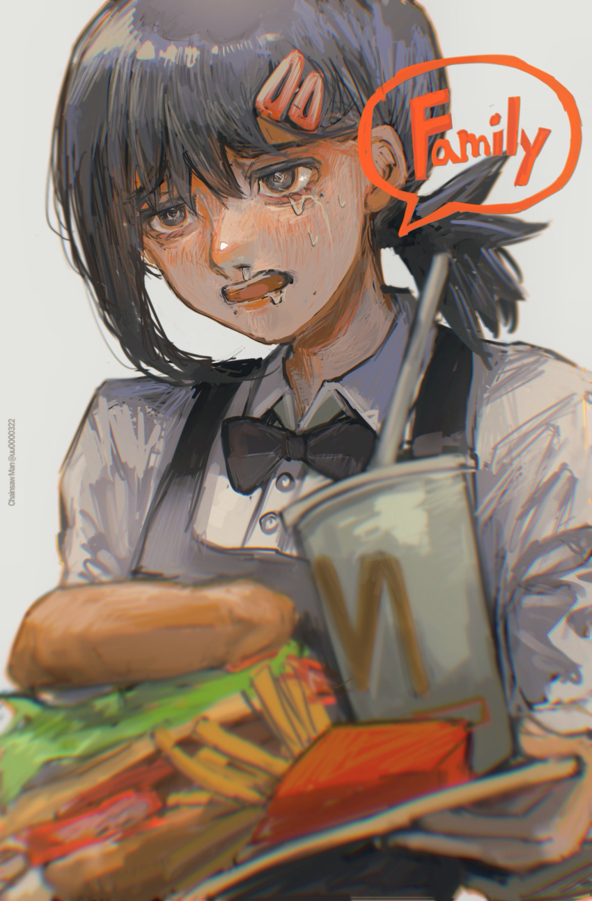 absurdres black_bow black_hair bow burger chainsaw_man crying drinking_straw family_burger_(chainsaw_man) fast_food female food french_fries higashiyama_kobeni highres mcdonald's open_mouth simple_background solo teeth twitter_username uu0000322