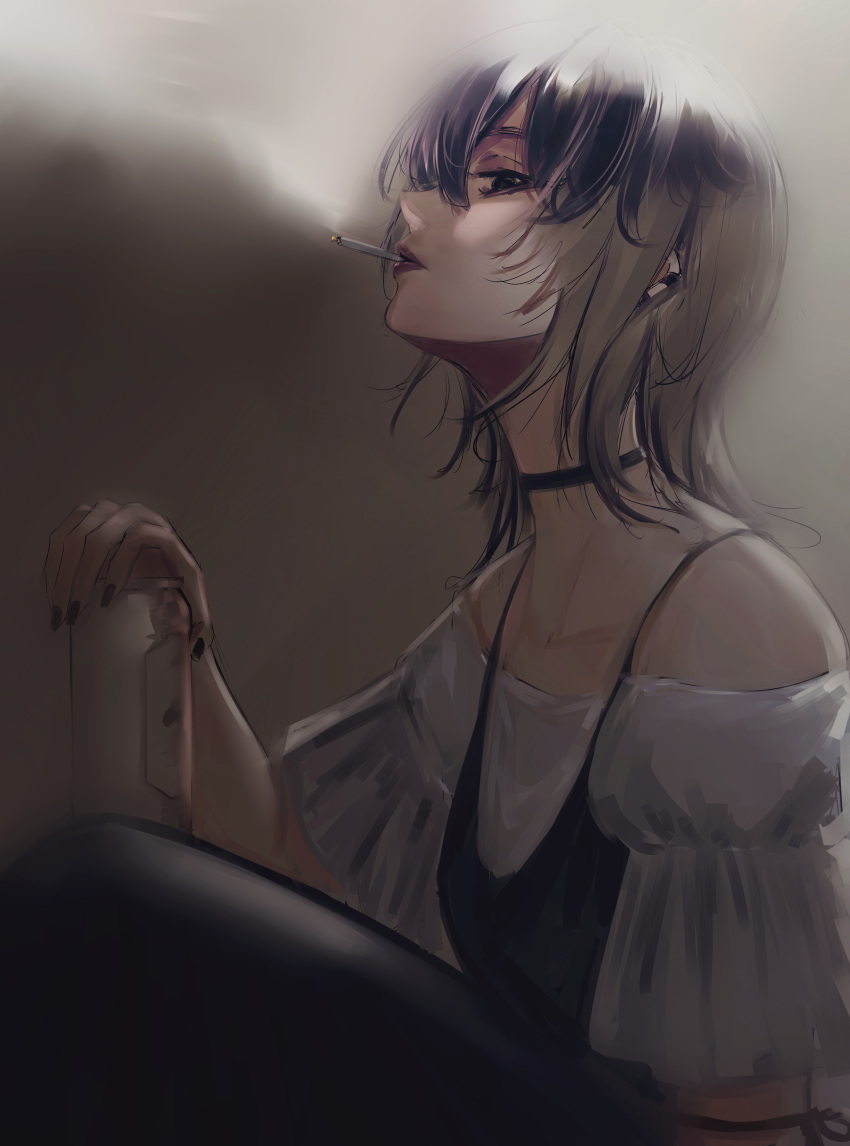 absurdres bare_shoulders beer_can black_eyes black_nails brown_hair can choker cigarette drink_can female highres looking_at_viewer medium_hair original smoke smoking solo zaki_(zaki_btw)