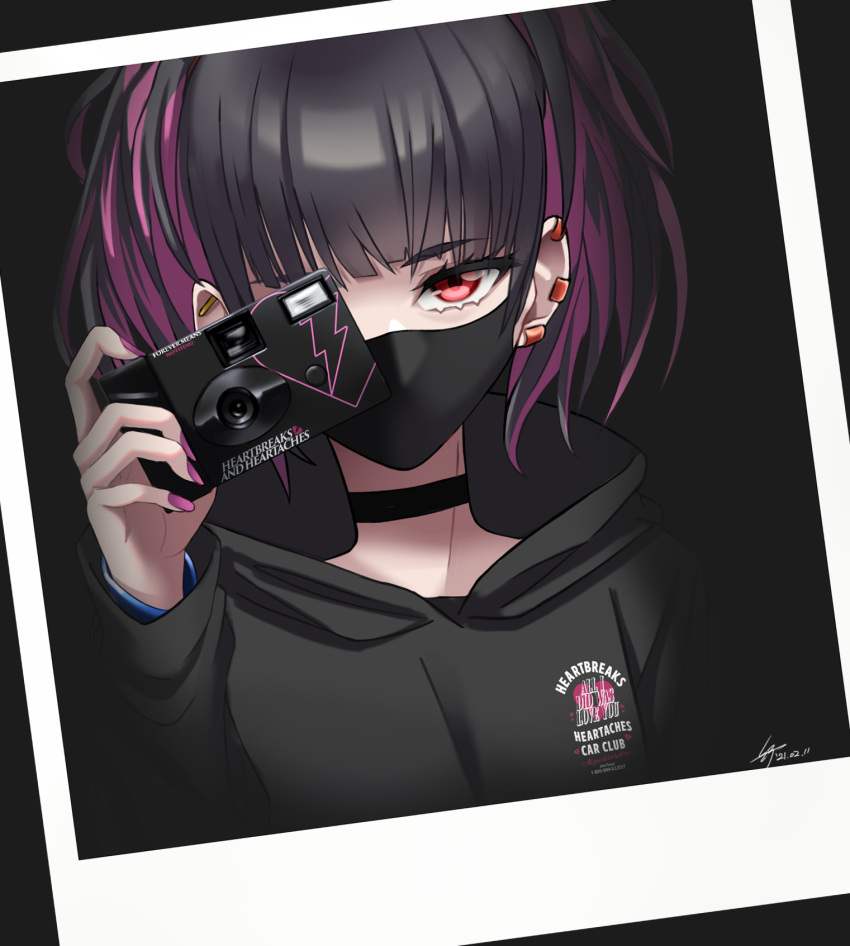 black_hoodie black_mask camera colored_inner_hair disposable_camera ear_piercing english_commentary faux_photograph female hair_behind_ear highres holding holding_camera hood hoodie illest_(brand) mask minato_yuuki_(silenxe) mouth_mask multicolored_hair official_art one_eye_covered original piercing polaroid promotional_art purple_hair purple_nails red_eyes silenxe solo