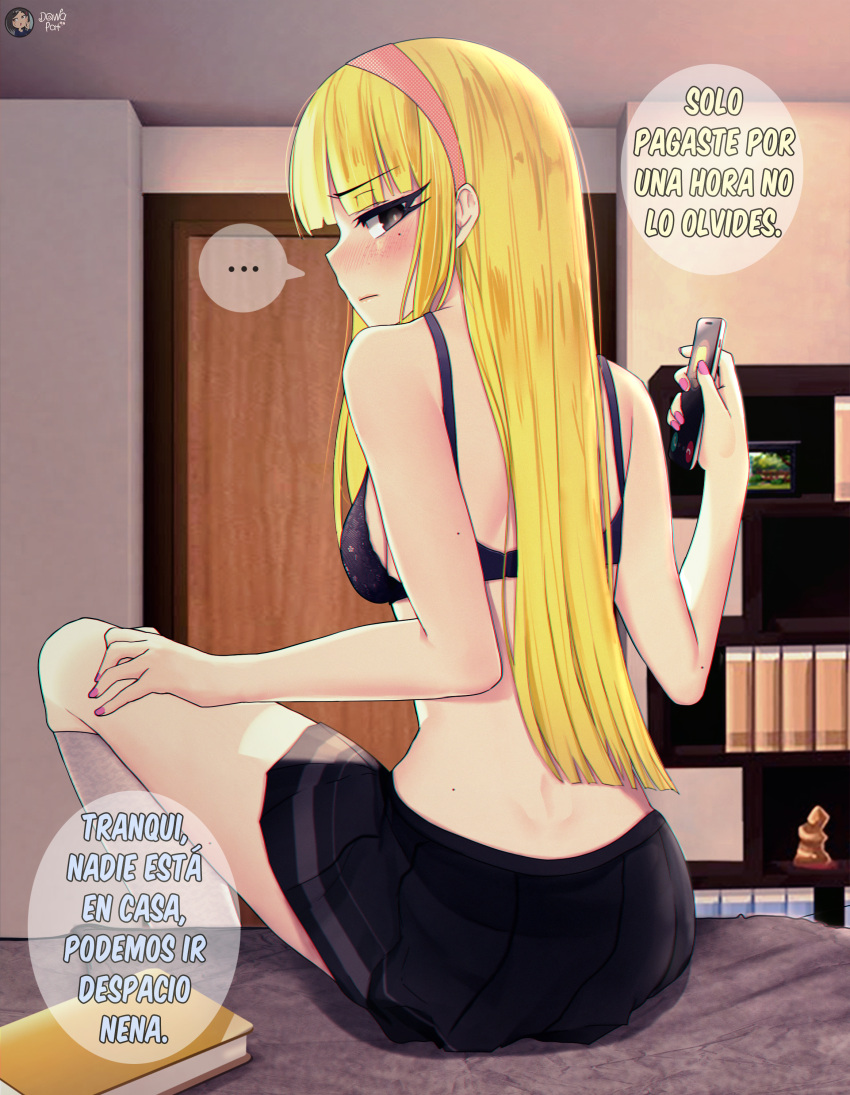 absurdres bad_id bad_pixiv_id bare_arms bare_shoulders bed black_bra black_skirt blonde_hair blush book bra brad_buttowski brown_eyes closed_mouth commentary dawapat door female grey_socks hairband hand_up highres holding indoors kendall_perkins kick_buttowski kneehighs long_hair md5_mismatch mole mole_under_eye nail_polish pink_hairband pink_nails pleated_skirt resolution_mismatch shelf sitting skirt socks solo source_smaller spanish_commentary spanish_text speech_bubble translated underwear