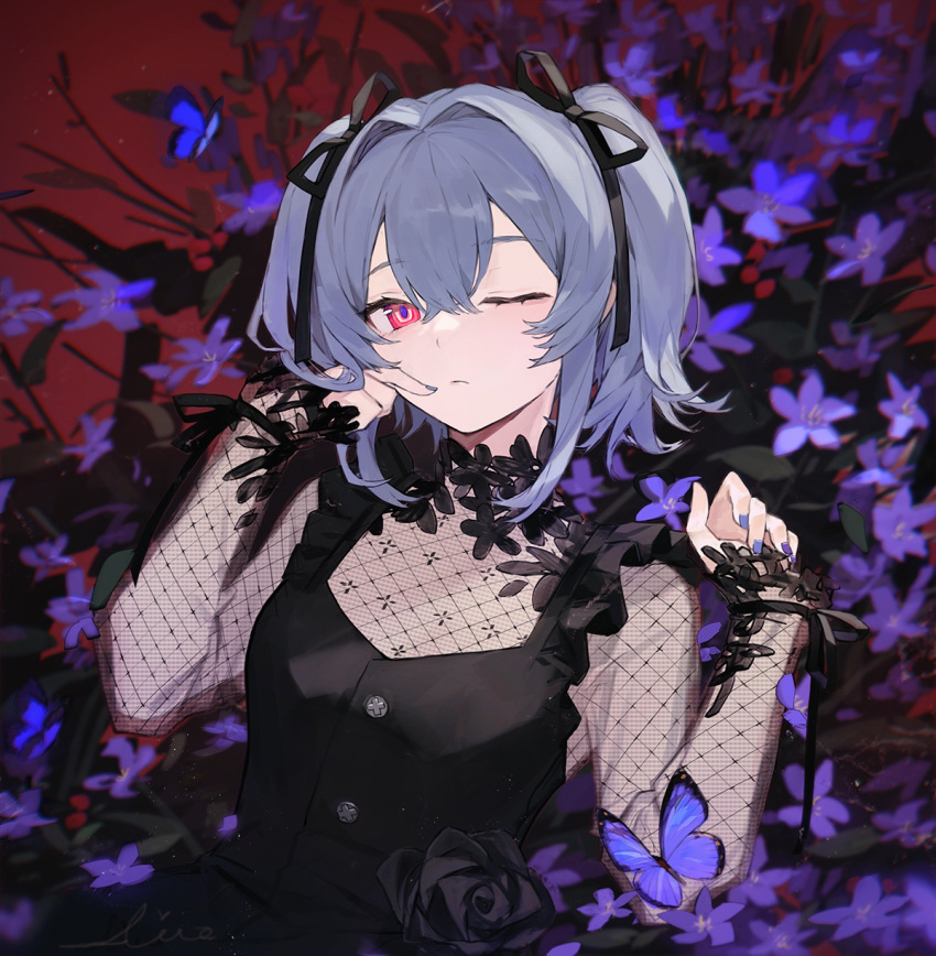 aiko_(kanl) black_dress blue_butterfly bug butterfly closed_mouth dress female finger_to_mouth flower frilled_dress frills grey_hair hair_intakes hands_up highres long_sleeves looking_at_viewer nail_polish one_eye_closed original purple_flower red_eyes see-through_sleeves short_hair solo two_side_up upper_body