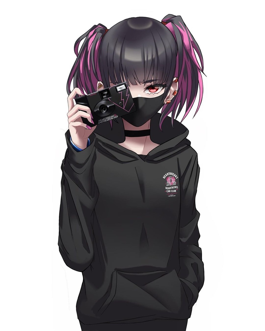 black_hoodie black_mask camera colored_inner_hair disposable_camera ear_piercing english_commentary female hair_behind_ear hand_in_pocket highres holding holding_camera hood hoodie illest_(brand) mask minato_yuuki_(silenxe) mouth_mask multicolored_hair official_art one_eye_covered original piercing promotional_art purple_hair purple_nails red_eyes second-party_source silenxe simple_background solo twintails white_background