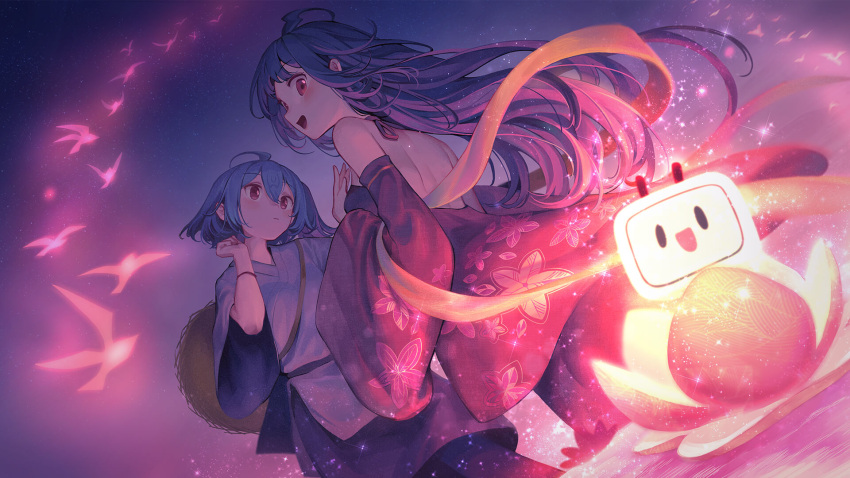 2girls ahoge aqua_hair bili_girl_22 bilibili dress flower hat highres lantern lantern_on_liquid long_hair lotus lotus_lantern multiple_girls official_art paper_lantern phibo red_eyes river short_hair standing straw_hat