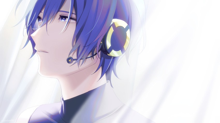 1boy blue_eyes blue_hair commentary from_side headphones headset kaito_(vocaloid) looking_away male_focus nokuhashi parted_lips portrait solo sunlight vocaloid