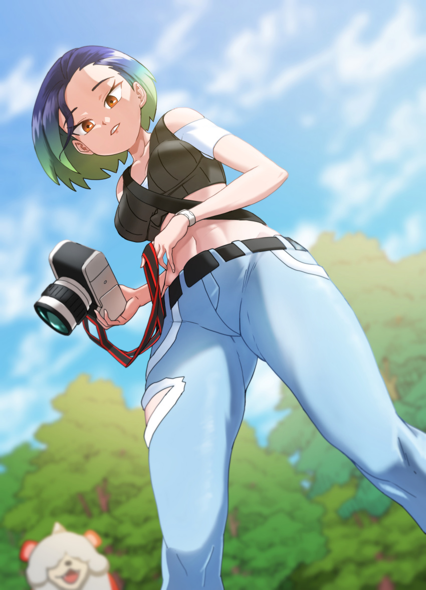 absurdres ass_visible_through_thighs bare_shoulders black_shirt blue_hair bob_cut breasts brown_eyes camera canine collarbone covered_eyes crop_top denim female gradient_hair heydove highres hisuian_growlithe holding holding_camera horns jeans large_breasts legs looking_at_viewer loose_hair_strand midriff multicolored_hair navel pants perrin_(pokemon) pokemon pokemon_(creature) pokemon_sv ribbed_shirt shirt single_horn sleeveless sleeveless_shirt two-tone_hair undershirt v-neck watch wristwatch