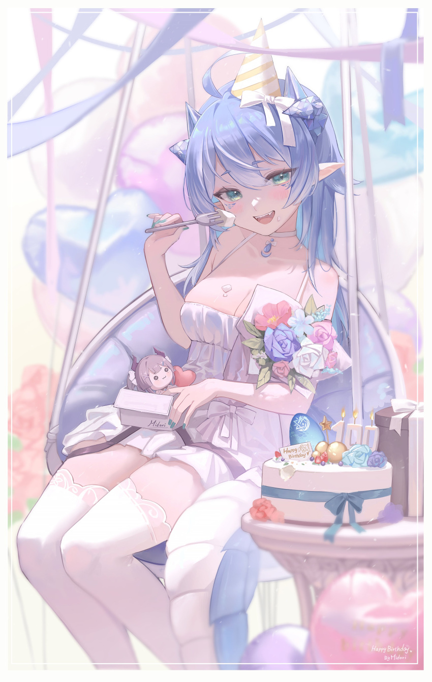 absurdres ahoge aqua_eyes aqua_nails balloon blue_flower blue_hair blue_ribbon blue_rose blurry bouquet bow box breasts cake candle chair choker cleavage cropped_legs cropped_tail depth_of_field double-parted_bangs dragon_tail dress eating exitus fangs female flower food gift gift_box hairbow happy_birthday hat heart heart_balloon highres horns jewelry large_breasts long_hair looking_at_viewer midori_xu open_mouth paroniie_(vtuber) party_hat pendant pointy_ears purple_ribbon ribbon rose scales sidelocks sitting stuffed_toy tail thighhighs virtual_youtuber white_bow white_choker white_dress white_thighhighs zettai_ryouiki