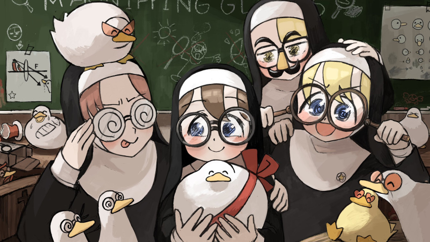 >_< 4girls :d :p ^_^ aged_down animal_on_hand animal_on_head bespectacled bird blonde_hair blue_eyes box broken_vase brown_hair chalkboard chicken chili_pepper closed_eyes clumsy_nun_(diva) coke-bottle_glasses commentary diva_(hyxpk) drawing duck duckling english_commentary eye_chart food food_on_head geometry glasses glasses_nun_(diva) groucho_glasses habit hand_on_another's_head hand_on_another's_shoulder heart heart-shaped_eyewear highres holding holding_magnifying_glass holding_removed_eyewear hungry_nun_(diva) kamina_shades little_nuns_(diva) looking_to_the_side magnifying_glass mouth_hold multiple_girls nun object_on_head on_head open_mouth pince-nez red_hair ribbon round_eyewear shoe_print smile spicy_nun_(diva) star_(symbol) sticker sun tongue tongue_out traditional_nun triangular_eyewear unworn_eyewear vase x yellow_eyes