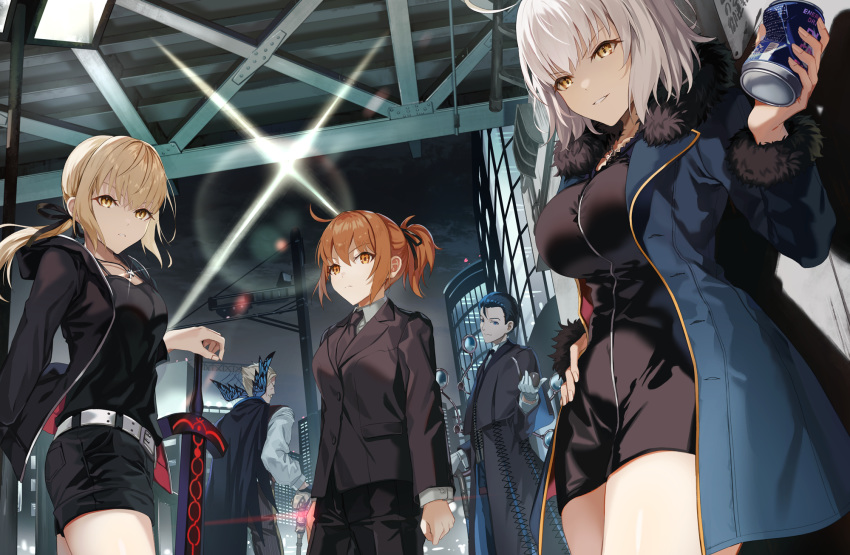 2boys 3girls ahoge artoria_pendragon_(fate) belt black_camisole black_dress black_jacket black_neckwear black_pants black_ribbon black_shorts blonde_hair blue_butterfly blue_coat blue_jacket bug building butterfly camisole can cape coat collared_shirt commentary_request crushed_can dark_persona dress excalibur_morgan_(fate) facial_hair fate/grand_order fate_(series) formal from_below fujimaru_ritsuka_(female) fujimaru_ritsuka_(female)_(royal_brand) full-length_zipper fur-trimmed_coat fur-trimmed_jacket fur-trimmed_sleeves fur_trim gloves grey_shirt grin hair_slicked_back high_ponytail highres holding holding_can holding_sword holding_weapon jacket james_moriarty_(archer)_(fate) jeanne_d'arc_alter_(fate) jeanne_d'arc_alter_(ver._shinjuku_1999)_(fate) jewelry lens_flare low_ponytail low_tied_hair magnifying_glass motto_(night_wear) moustache multiple_boys multiple_girls necklace night night_sky official_alternate_costume old old_man open_clothes open_coat open_jacket orange_eyes orange_hair pant_suit pants ponytail ribbon saber_alter saber_alter_(ver._shinjuku_1999)_(fate) sherlock_holmes_(fate) shirt short_dress short_hair short_shorts shorts sidelocks sky smile standing suit sword thighs weapon white_belt white_gloves white_hair yellow_eyes zipper zipper_dress