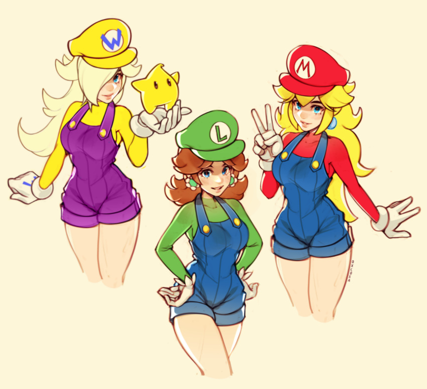 3girls alternate_costume arm_at_side artist_name blonde_hair blue_eyes blue_overalls blush breasts brown_eyes brown_hair buttons cabbie_hat closed_mouth clothes_writing commentary cosplay covered_collarbone cowboy_shot cropped_legs earrings english_commentary flower_earrings gloves green_headwear green_shirt grin hair_flaps hair_over_one_eye hand_up hands_on_own_hips happy hat highres jewelry long_hair long_sleeves looking_at_viewer luigi luigi_(cosplay) luma_(mario) mario mario_(cosplay) mario_(series) medium_breasts medium_hair multiple_girls one_eye_covered overall_shorts overalls oxcoxa parted_bangs parted_lips princess_daisy princess_peach purple_overalls red_headwear red_shirt rosalina shirt sidelocks signature simple_background smile sphere_earrings standing teeth thighs v wario wario_(cosplay) white_gloves yellow_background yellow_headwear yellow_shirt