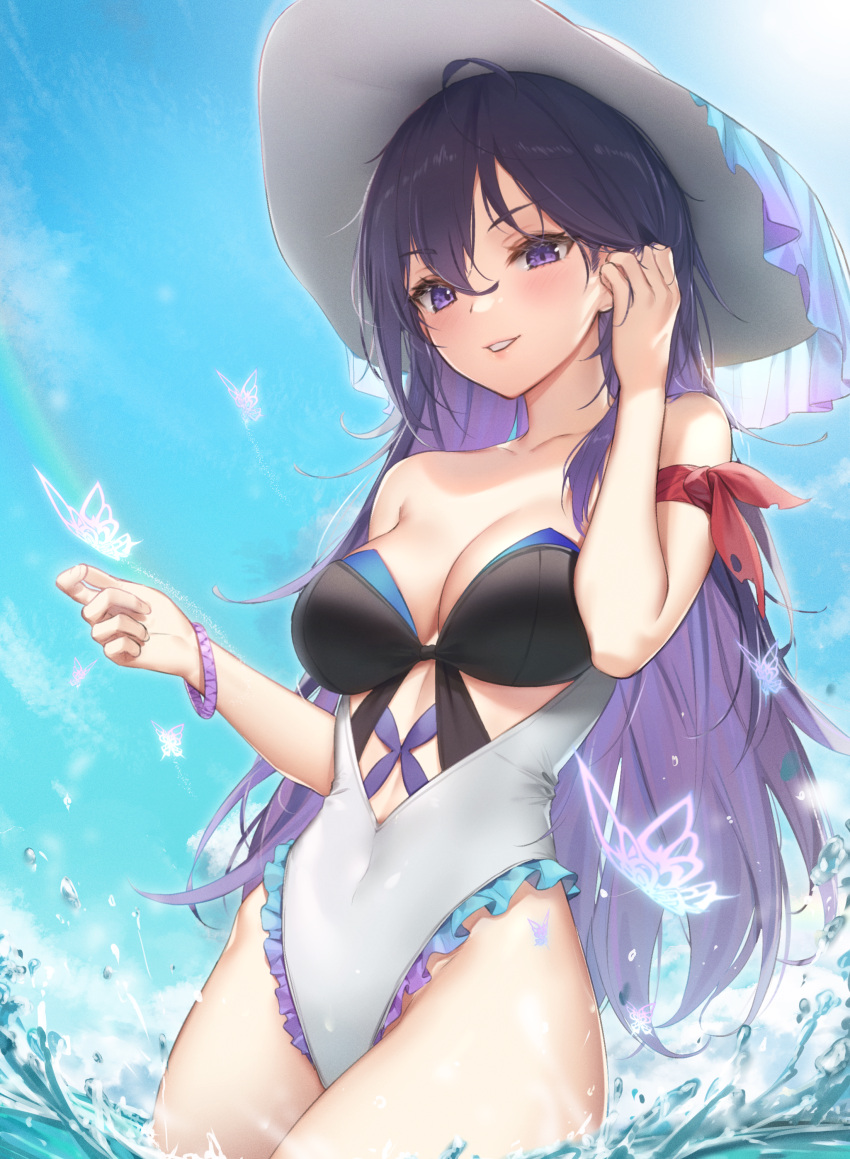 absurdres ahoge arm_ribbon bare_shoulders breasts bug butterfly casual_one-piece_swimsuit cleavage covered_navel cowboy_shot day female frilled_one-piece_swimsuit frills grin hand_up hat highleg highleg_swimsuit highres honkai:_star_rail honkai_(series) long_hair looking_at_viewer medium_breasts one-piece_swimsuit outdoors purple_eyes purple_hair ribbon seele_(honkai:_star_rail) smile solo standing sun_hat swimsuit thighs wading wet.elephant white_hat white_one-piece_swimsuit