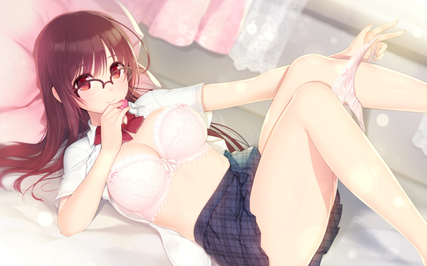 ahoge arima_senne barefoot bed bedroom bra breasts brown_hair female glasses highres kashiwamochi_yomogi large_breasts lingerie long_hair lying midriff on_bed open_clothes open_shirt original panties panty_pull red_eyes ribbon school_uniform shirt skirt smile solo thighs underwear