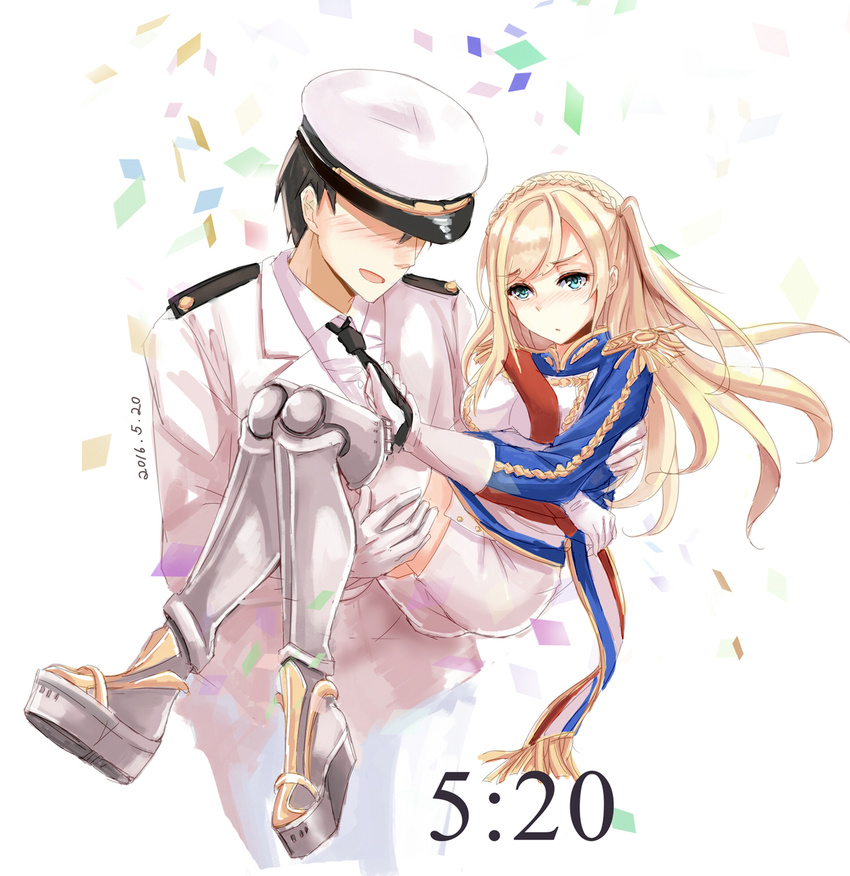 1boy admiral_(warship_girls_r) blonde_hair blue_eyes blush boots braid carrying chinese_commentary commentary_request confetti couple crown_braid dated epaulettes faceless faceless_male female gloves highres long_hair necktie necktie_grab neckwear_grab one_side_up open_mouth princess_carry richelieu_(warship_girls_r) skirt straight swept_bangs thigh_boots thighhighs uniform warship_girls_r white_gloves white_legwear white_skirt yuemanhuaikong