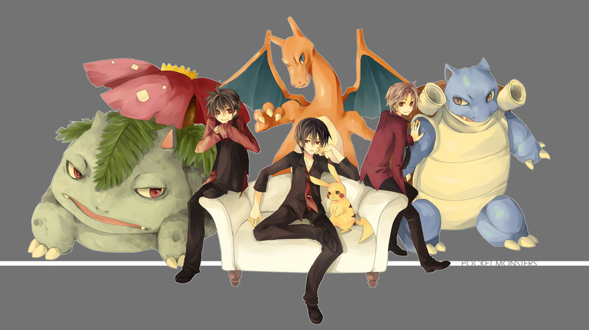 3boys alternate_costume black_hair blastoise brown_hair charizard commentary_request formal head_rest highres jikei male_focus multiple_boys multiple_persona necktie no_headwear pikachu pokemon pokemon_(creature) pokemon_adventures pokemon_frlg pokemon_rgby popped_collar red_(pokemon) red_eyes sitting smile starter_pokemon_trio suit venusaur