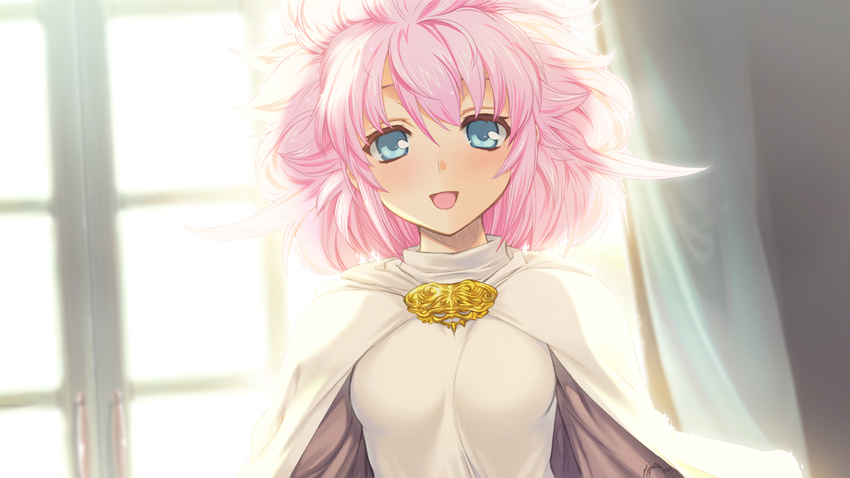 blue_eyes blush breasts female game_cg looking_at_viewer medium_breasts open_mouth orion_(orionproject) pink_hair rance_(series) rance_ix short_hair sill_plain smile solo