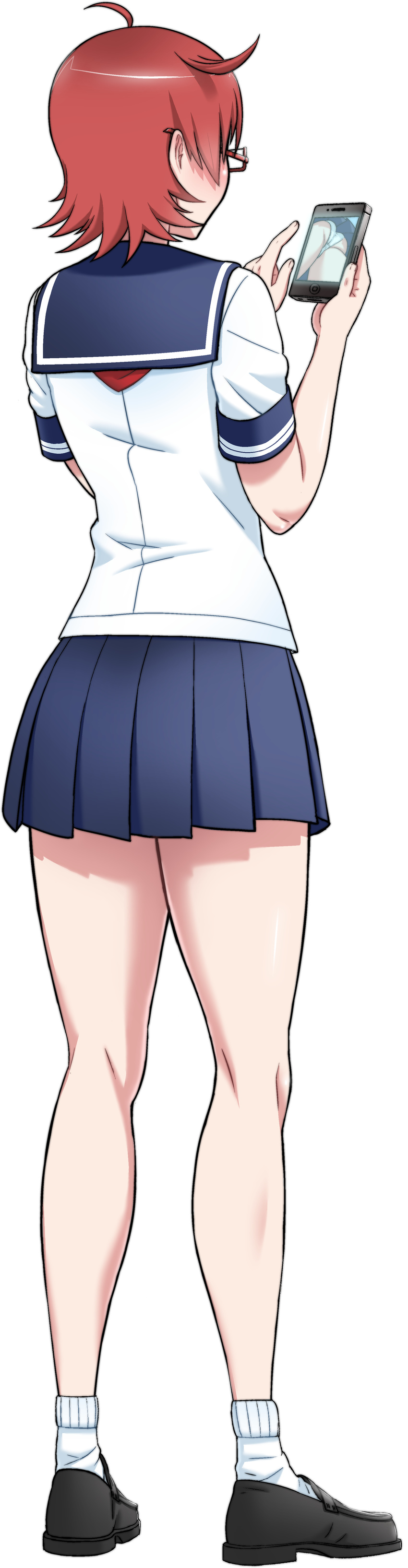 absurdres ass cellphone female full_body glasses highres info-chan kjech official_art phone red_hair school_uniform short_hair solo transparent_background yandere_simulator