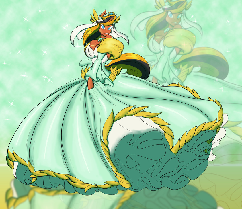 2015 absurd_res anthro ball_gown big_breasts blue_eyes breasts cleavage clothed clothing collaboration digital_media_(artwork) dress equid equine fan_character female hasbro help_desk_(oc) hi_res horn mammal my_little_pony mythological_creature mythological_equine mythology ponyguy67 solo sparkles toughset unicorn