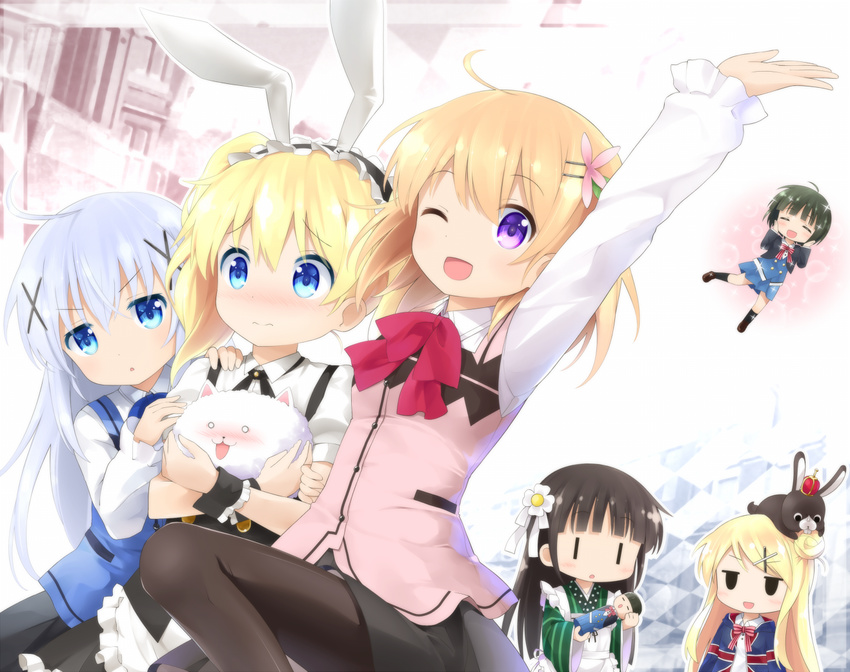 3: 6+girls :3 :d ;d =_= ^_^ ahoge alice_cartelet ama_usa_an_uniform animal animal_ears animal_on_head anko_(gochiusa) arm_grab arm_up black_hair black_pantyhose blonde_hair blue_eyes blue_hair blush bow bowtie brown_hair chestnut_mouth closed_eyes commentary_request company_connection cosplay crossover crown dress_shirt fake_animal_ears fleur_de_lapin_uniform flower gochuumon_wa_usagi_desu_ka? goribote hair_bun hair_flower hair_ornament hairclip hand_on_another's_shoulder hands_on_own_cheeks hands_on_own_face happy_state headdress holding hoto_cocoa jitome kafuu_chino kin-iro_mosaic kirima_syaro kirima_syaro_(cosplay) kokeshi kujou_karen long_hair long_sleeves manga_time_kirara mini_crown mini_person minigirl moegi_high_school_uniform multiple_girls neck_ribbon nose_blush o_o on_head one_eye_closed oomiya_shinobu open_mouth pantyhose pleated_skirt puffy_sleeves purple_eyes rabbit rabbit_ears rabbit_house_uniform ribbon school_uniform shirt shoes short_hair short_sleeves single_hair_bun skirt smile socks solid_oval_eyes sparkle striped_bow striped_bowtie striped_clothes tippy_(gochiusa) ujimatsu_chiya vest white_shirt wrist_cuffs x_hair_ornament yuri |_|