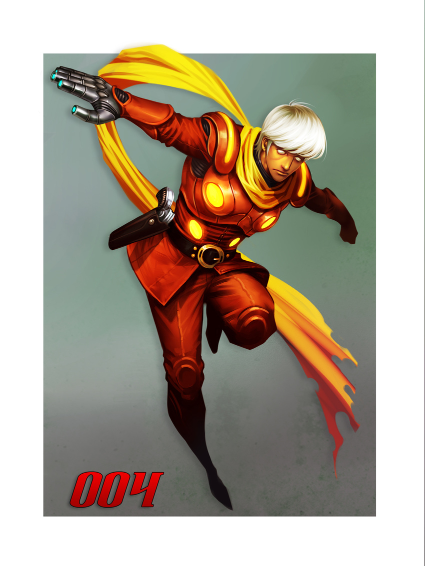 1960s_(style) 1970s_(style) 1boy albert_heinrich belt commentary_request cyborg cyborg_009 highres holster male_focus photoshop_(medium) realistic retro_artstyle scarf solo trickyagura weapon white_hair