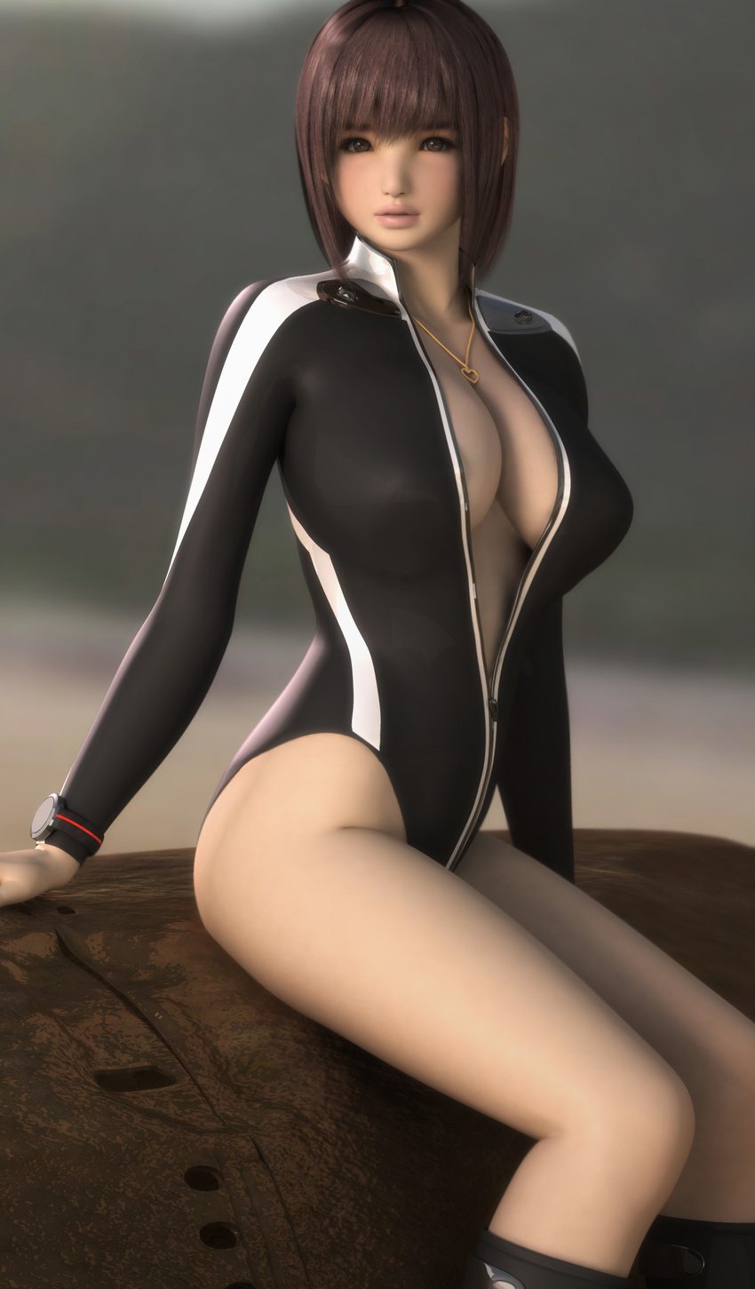 3d bad_id bad_pixiv_id breasts brown_eyes brown_hair center_opening cleavage commentary_request diving_suit female heart heart_necklace highres hinemaru innerboob jewelry large_breasts long_sleeves looking_at_viewer necklace original parted_lips short_hair sitting skin_tight solo thighs unzipped watch wristwatch