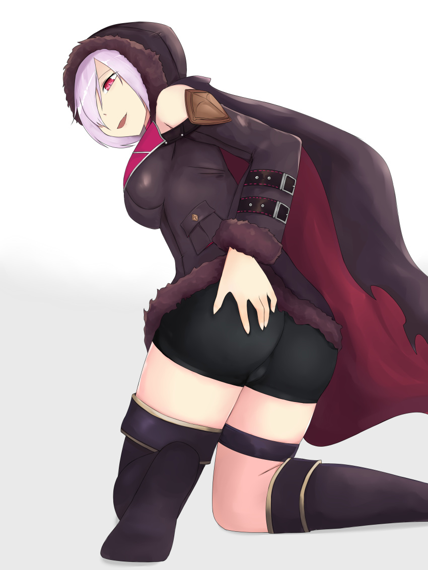 absurdres artist_request ass ass_grab bare_shoulders bike_shorts boots breasts cameltoe cygames deep_skin female hair_over_one_eye half-closed_eye highres hood medium_breasts oerba_yun_fang open_mouth red_eyes shadowverse shiny shiny_hair short_hair smile solo thigh_boots thighhighs wizardess_of_oz