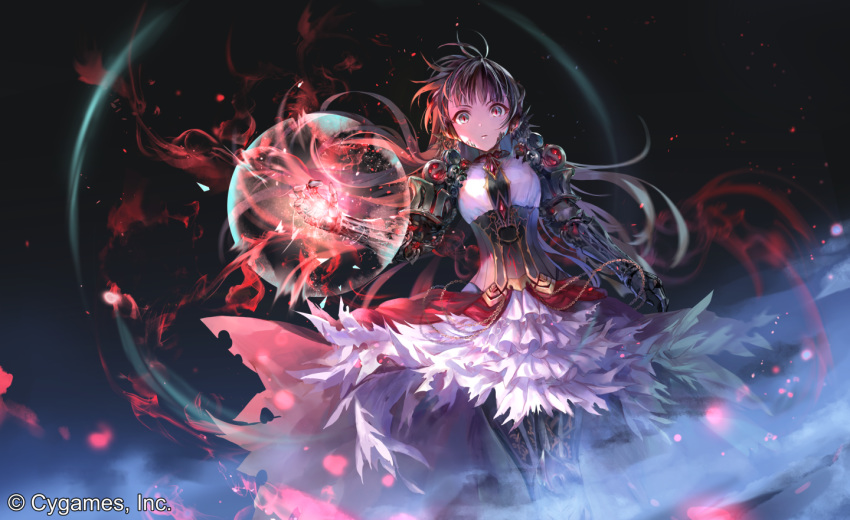 android armor aura black_hair boots breasts chains commentary_request corset cygames dress expressionless female floating_hair frilled_dress frills gauntlets gears gem glowing glowing_hand grey_eyes irua layered_dress long_hair looking_at_viewer medium_breasts mono_(shadowverse) multicolored_eyes official_art red_eyes shadowverse sidelocks slit_pupils solo thigh_boots thighhighs torn_clothes watermark wind wind_lift