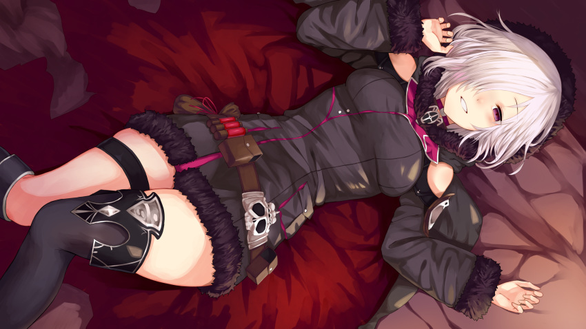 bare_shoulders bed_sheet belt belt_pouch black_coat black_thighhighs blush clothing_cutout coat commentary_request feet_out_of_frame female from_above fur-trimmed_coat fur-trimmed_sleeves fur_trim hair_over_one_eye half-closed_eye highres hood hood_up hooded_coat long_sleeves looking_at_viewer lying on_back on_bed parted_lips pouch purple_eyes shadowverse short_hair shoulder_cutout single_thighhigh solo test_tube thigh_strap thighhighs white_hair wizardess_of_oz yamato_(muchuu_paradigm)