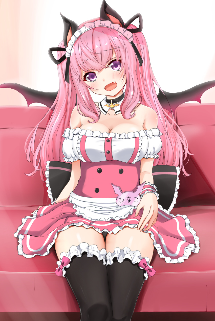 :d absurdres animal_ears animare apron bare_shoulders bat_ears bat_necklace bat_wings black_choker black_thighhighs blush breasts choker cleavage commentary_request couch detached_collar detached_sleeves dress ex_idol fangs feet_out_of_frame female frilled_thighhighs frills gradient_background head_tilt highres large_breasts long_hair looking_at_viewer maid_headdress name_tag nanashi_inc. off-shoulder_dress off_shoulder open_mouth pink_dress pink_hair puffy_short_sleeves puffy_sleeves purple_eyes short_sleeves sidelocks sitting smile solo strapless strapless_dress thighhighs umori_hinako very_long_hair virtual_youtuber waist_apron wings wrist_cuffs