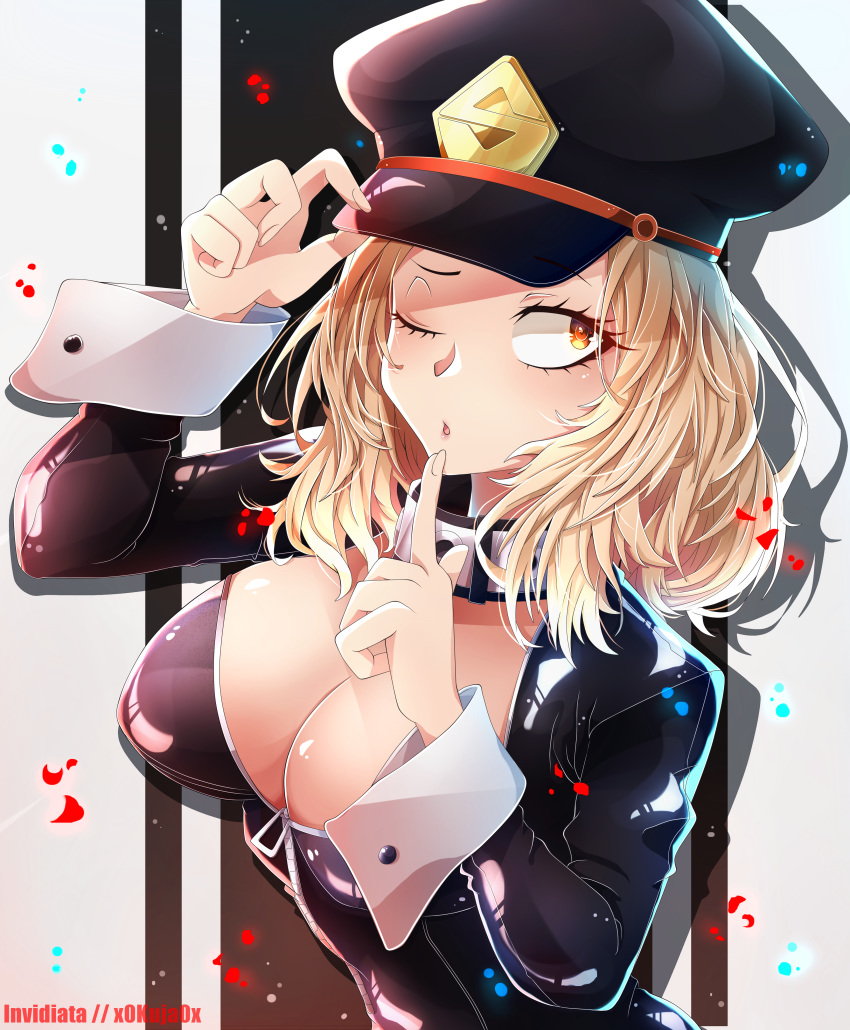 absurdres artist_name black_bodysuit blonde_hair bodysuit boku_no_hero_academia breasts brown_eyes cleavage commentary_request female hand_on_headwear hat highres invidiata large_breasts long_hair long_sleeves looking_at_viewer looking_up one_eye_closed parted_lips peaked_cap solo superhero_costume unzipped upper_body utsushimi_kemii