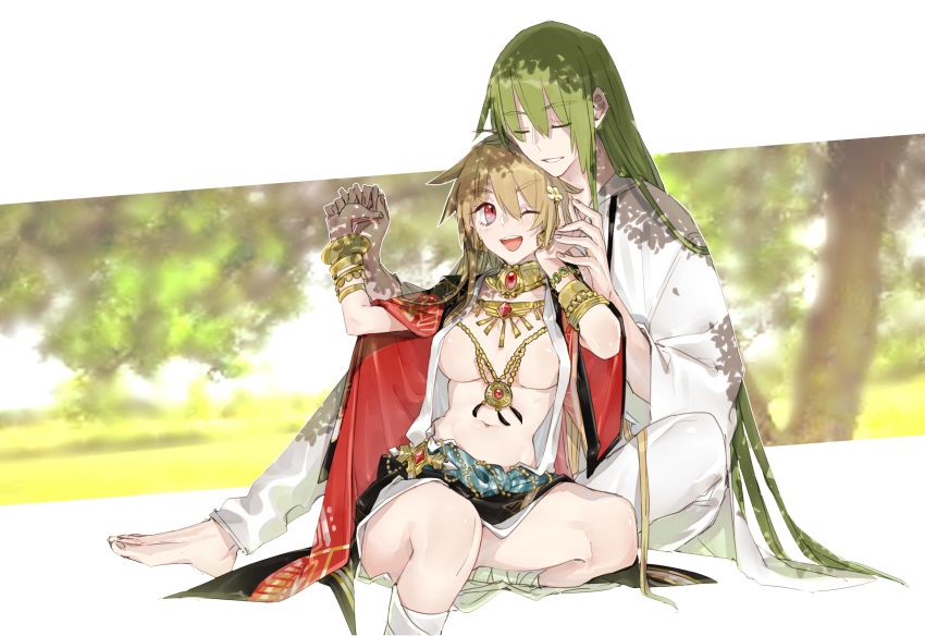 1other 88_(einnimnech) ;d absurdres adapted_costume androgynous barefoot blonde_hair bracelet breasts closed_eyes commentary_request enkidu_(fate) fate/grand_order fate/strange_fake fate_(series) female genderswap_(mtf) gilgamesh_(fate) gilgamesh_(sumerian_garb)_(fate) green_hair highres holding_hands jewelry long_hair navel necklace official_alternate_costume one_eye_closed open_mouth red_eyes rule_63 sitting smile toenails very_long_hair