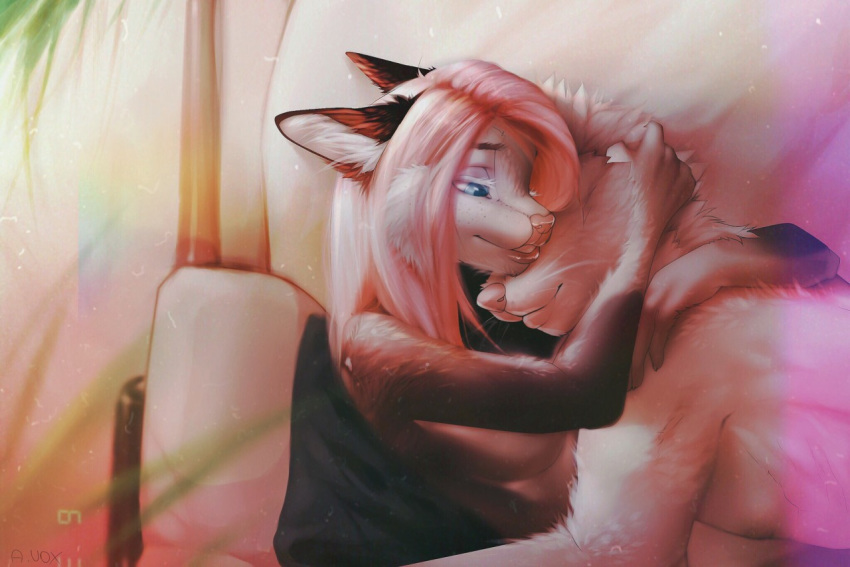 2019 5_fingers alenkavoxis anthro black_body black_fur blue_eyes breasts canid canine cuddling detailed_background digital_media_(artwork) duo eyebrows female fingers freckles fur hair hug lying male male/female mammal nude oliver_(disambiguation) on_back pink_hair pink_nose signature smile whiskers white_body white_eyebrows white_fur